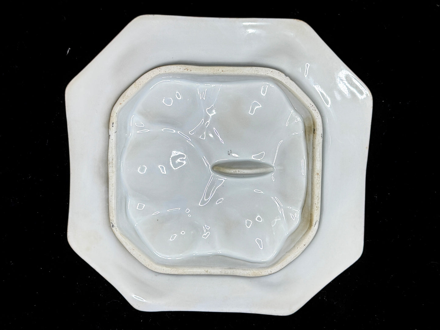 Antique French Porcelain Oyster Plate Pink Blue Six Wells Octagonal 8" A1235