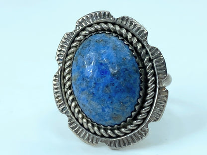Signed Native American 1974 Sterling Men's Ring Blue Lapis Rope Patina s8 JR783