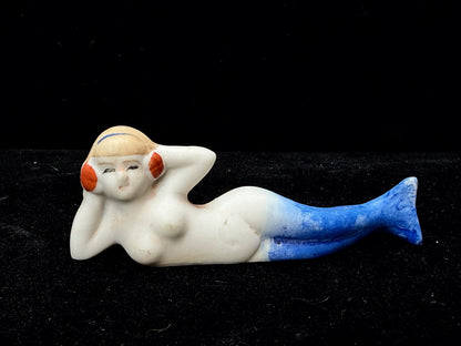 Vintage Japan Bisque Porcelain Reclining Mermaid Blue Tail Figurine A1236