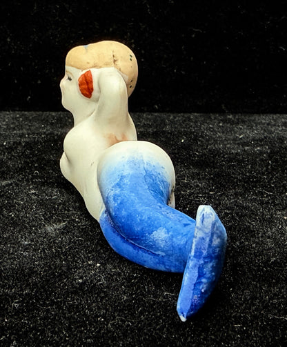Vintage Japan Bisque Porcelain Reclining Mermaid Blue Tail Figurine A1236