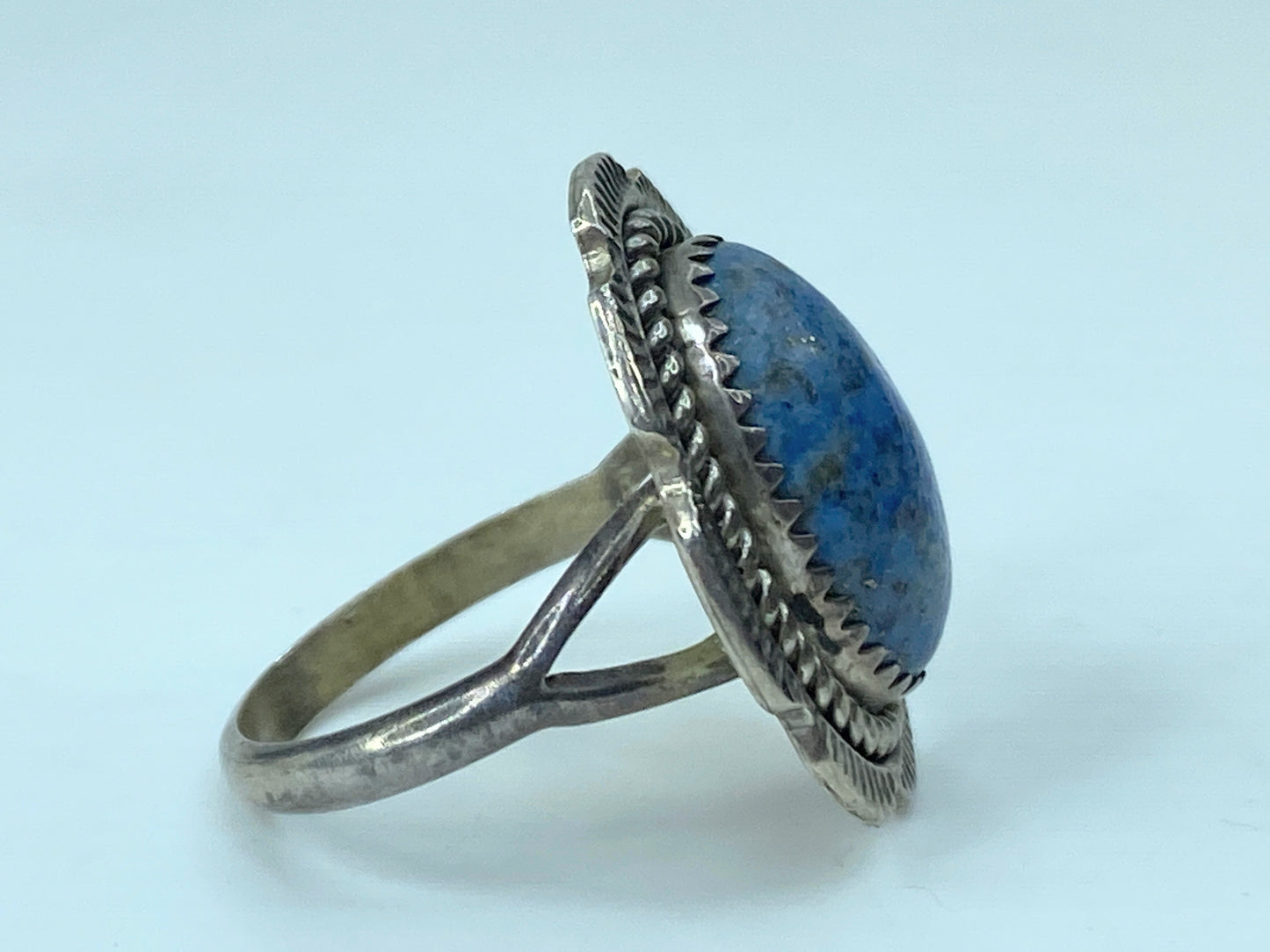 Signed Native American 1974 Sterling Men's Ring Blue Lapis Rope Patina s8 JR783