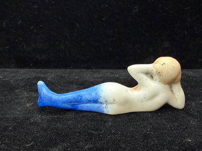Vintage Japan Bisque Porcelain Reclining Mermaid Blue Tail Figurine A1236