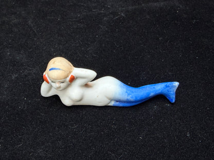 Vintage Japan Bisque Porcelain Reclining Mermaid Blue Tail Figurine A1236