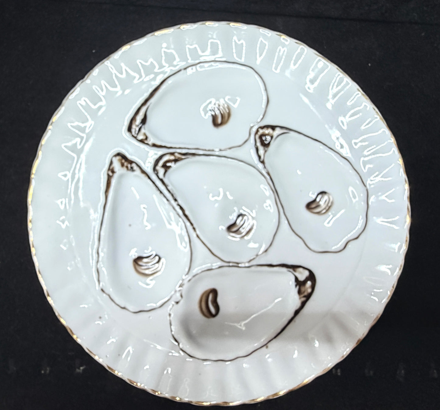 Antique German Porcelain 5-Well White And Gilt Oyster Plate A1237