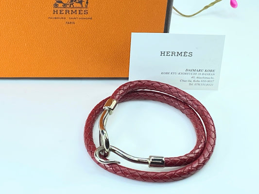 Hermes Burgundy Woven Leather Silver Tone Hook Double Wrap Jumbo Bracelet GS342