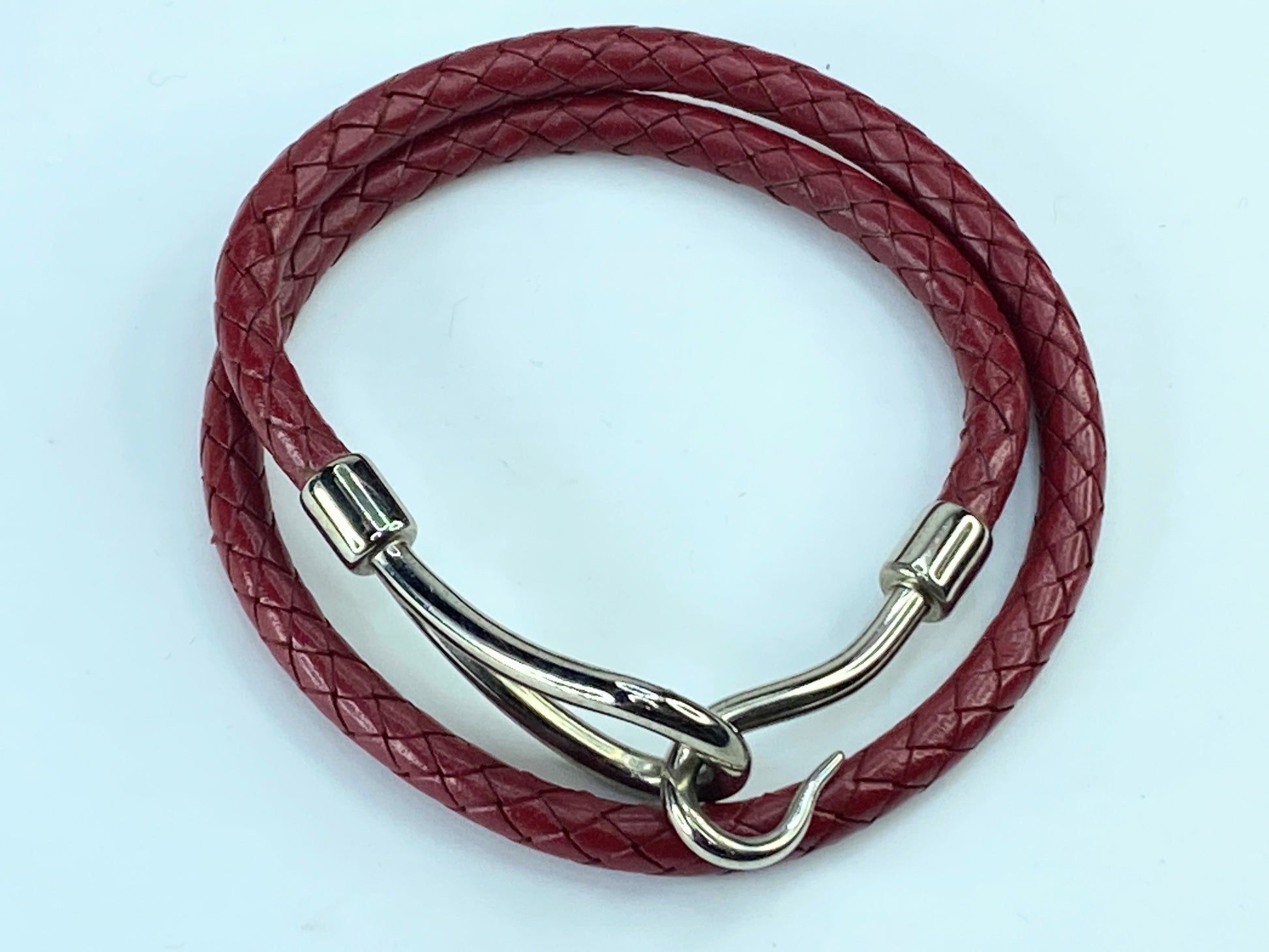 Hermes Burgundy Woven Leather Silver Tone Hook Double Wrap Jumbo Bracelet GS342