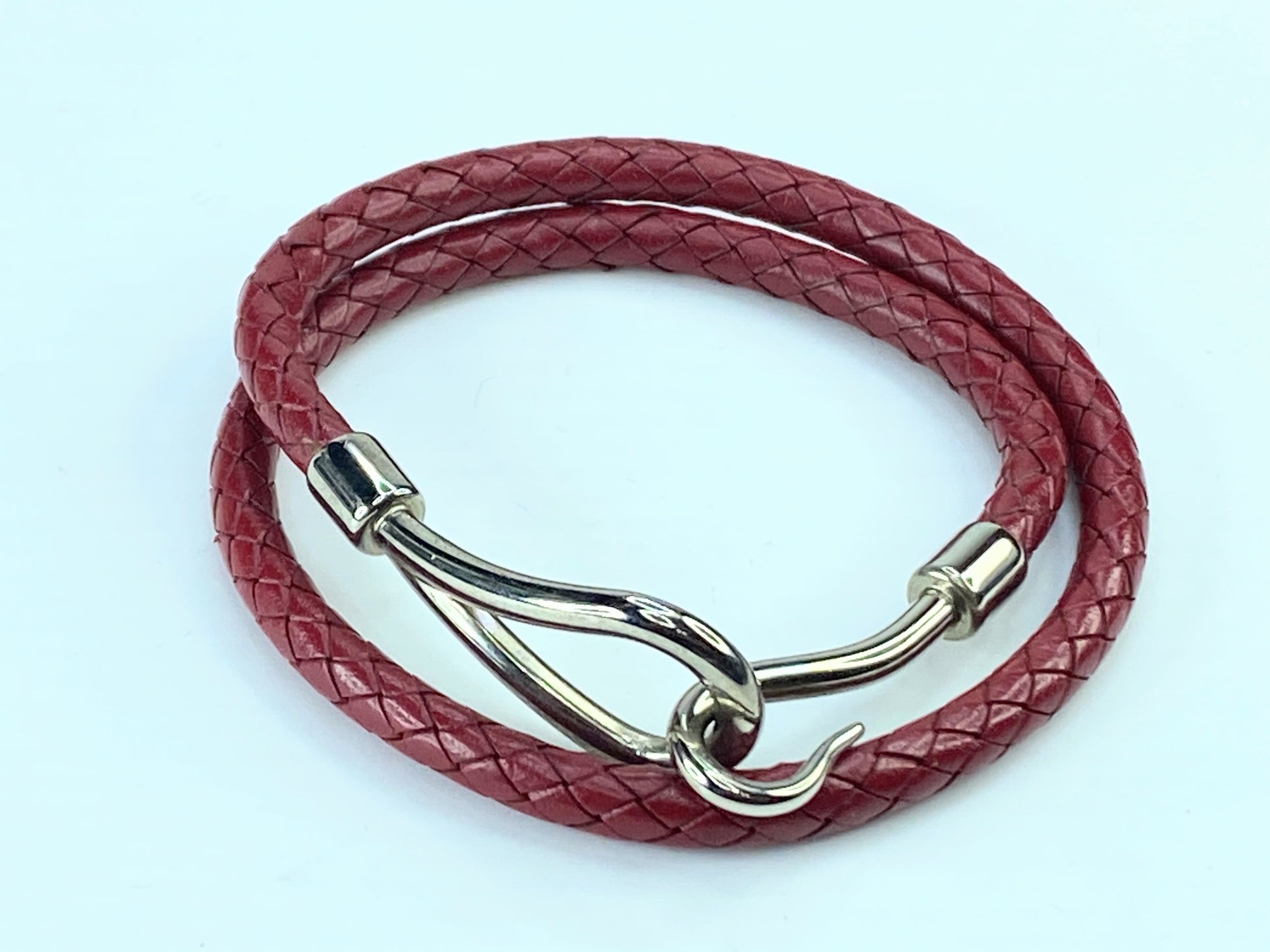 Hermes Burgundy Woven Leather Silver Tone Hook Double Wrap Jumbo Bracelet GS342