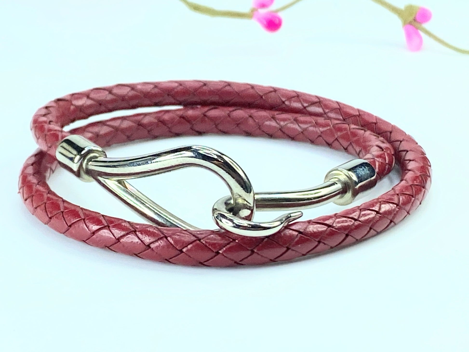 Hermes Burgundy Woven Leather Silver Tone Hook Double Wrap Jumbo Bracelet GS342