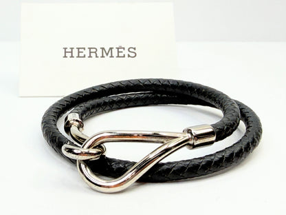 Vintage Hermès Black Braided Leather Jumbo Hook Double Tour Bracelet Choker GS74