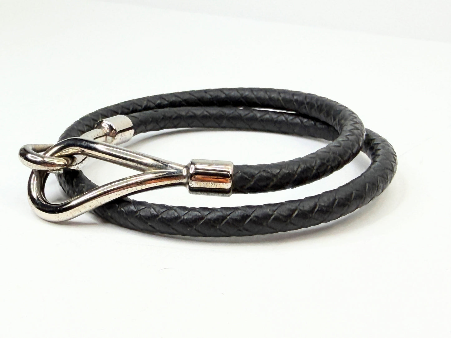 Vintage Hermès Black Braided Leather Jumbo Hook Double Tour Bracelet Choker GS74