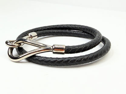 Vintage Hermès Black Braided Leather Jumbo Hook Double Tour Bracelet Choker GS74
