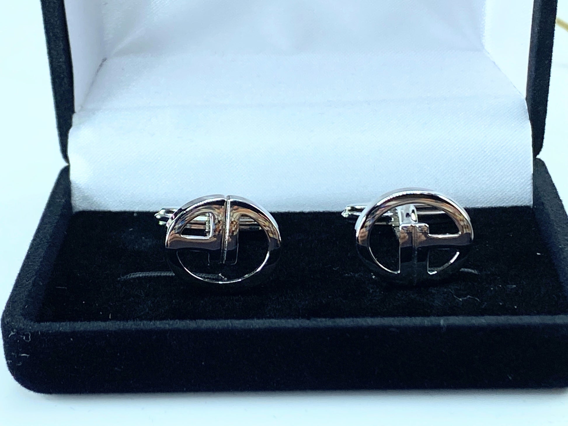 DUNHILL silver tone Logo D cufflinks set in black velvet box GS346