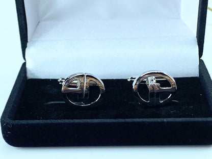 DUNHILL silver tone Logo D cufflinks set in black velvet box GS346