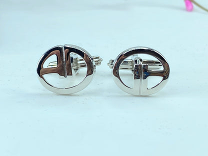 DUNHILL silver tone Logo D cufflinks set in black velvet box GS346