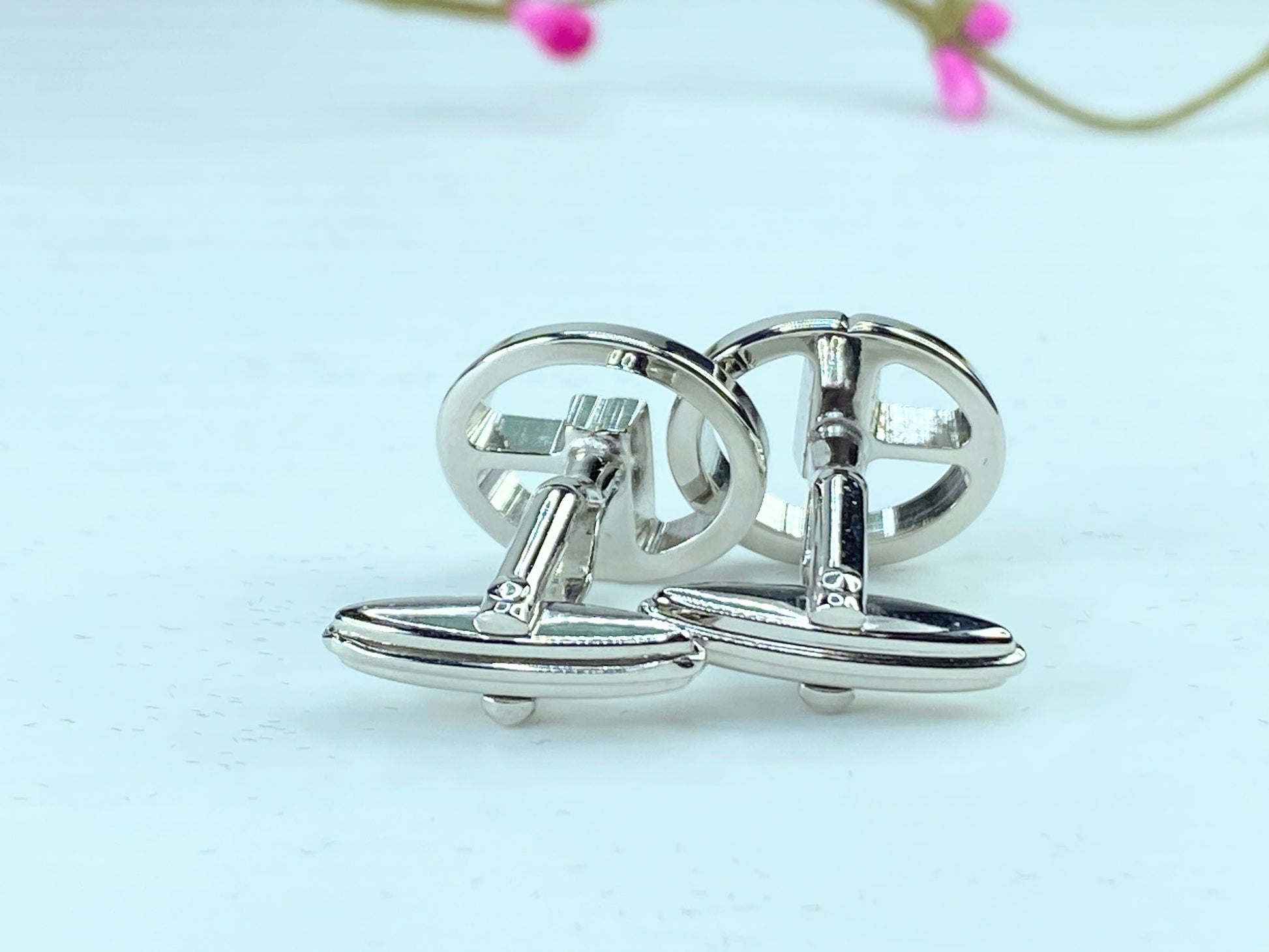 DUNHILL silver tone Logo D cufflinks set in black velvet box GS346