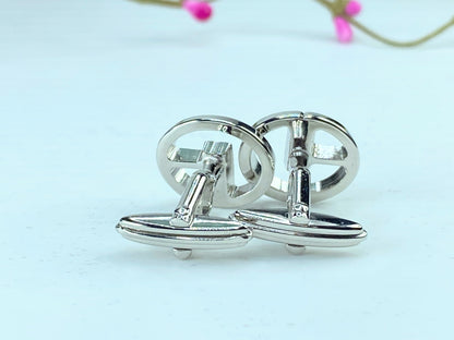 DUNHILL silver tone Logo D cufflinks set in black velvet box GS346