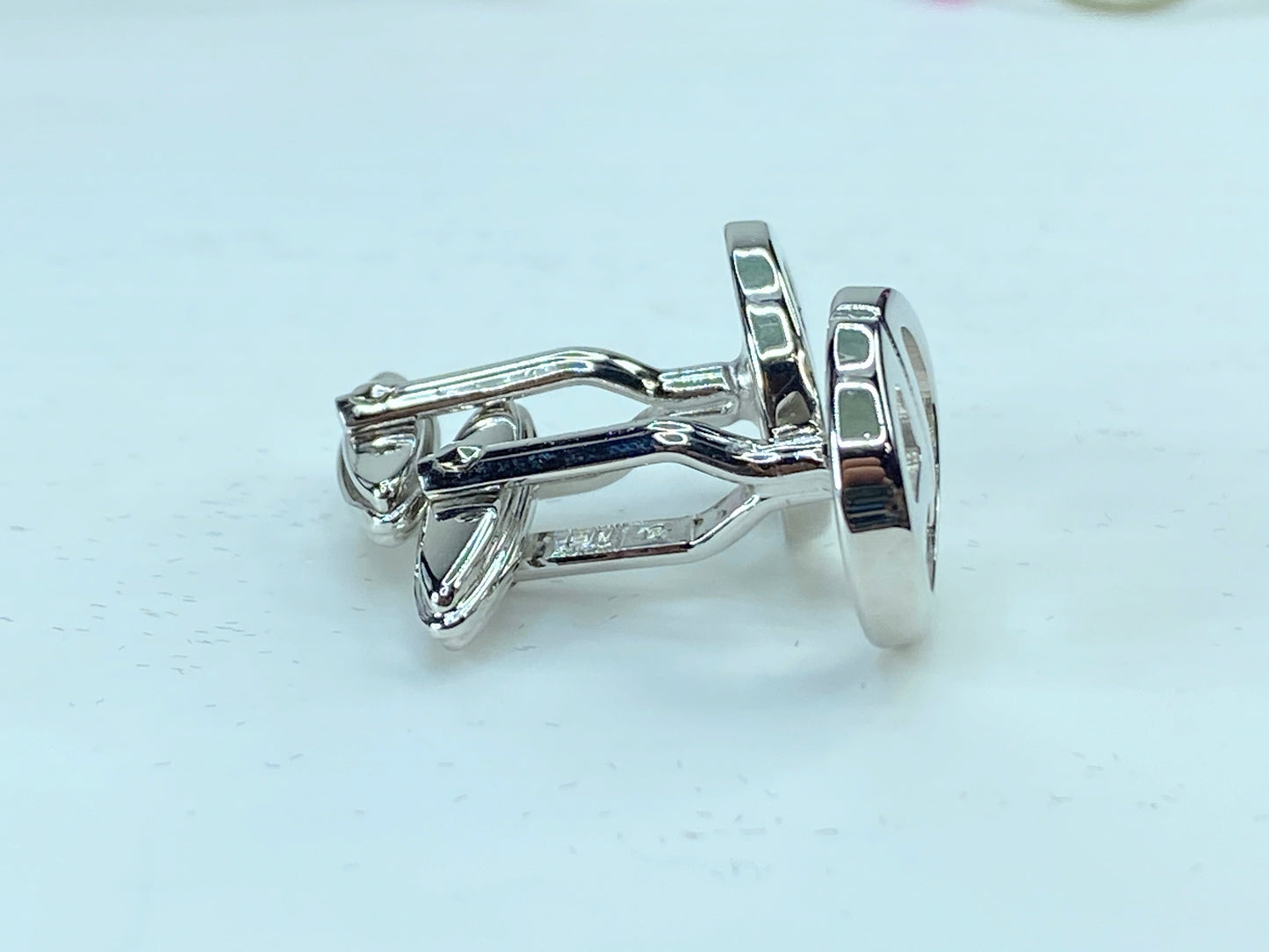 DUNHILL silver tone Logo D cufflinks set in black velvet box GS346