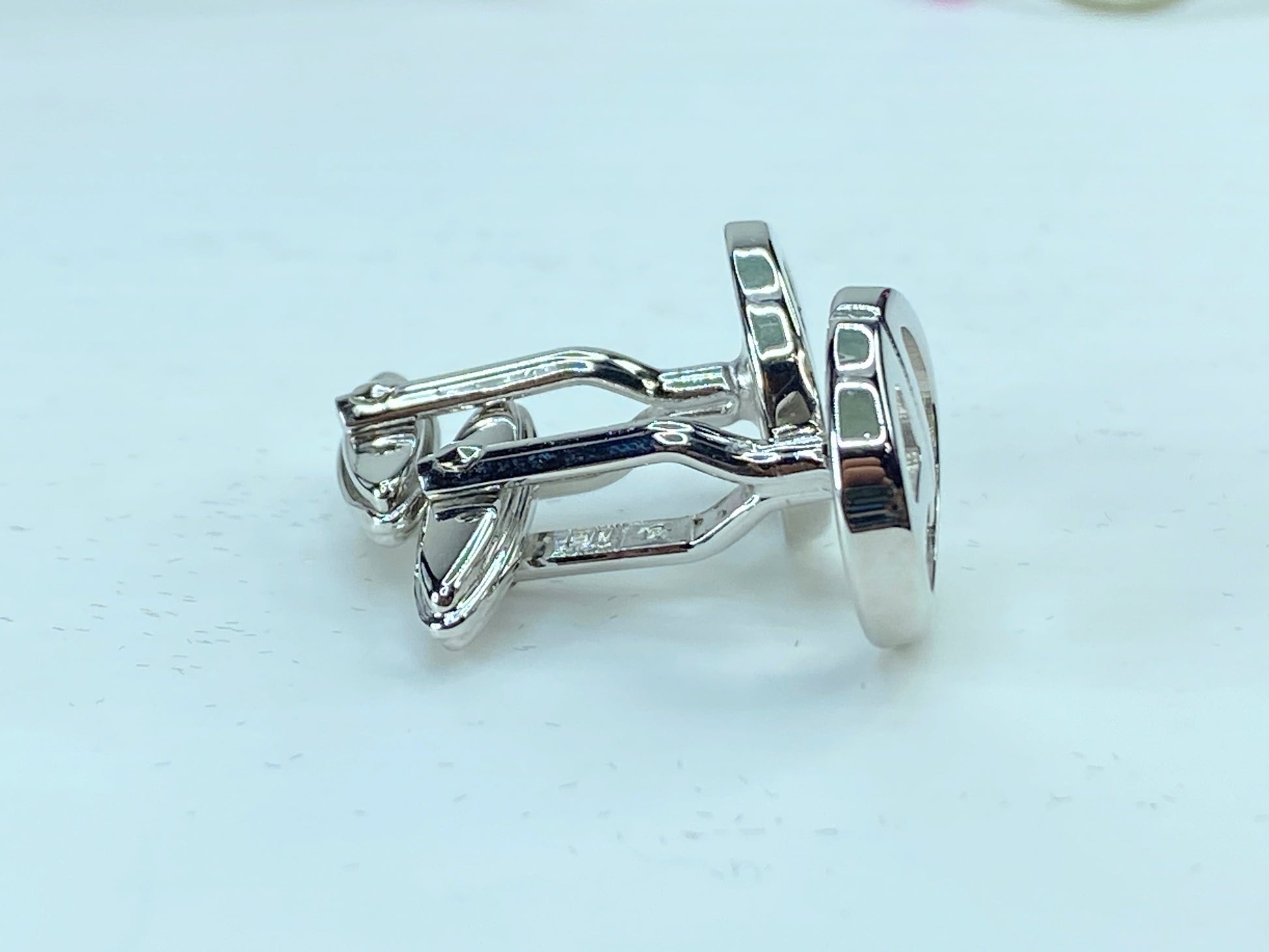 DUNHILL silver tone Logo D cufflinks set in black velvet box GS346