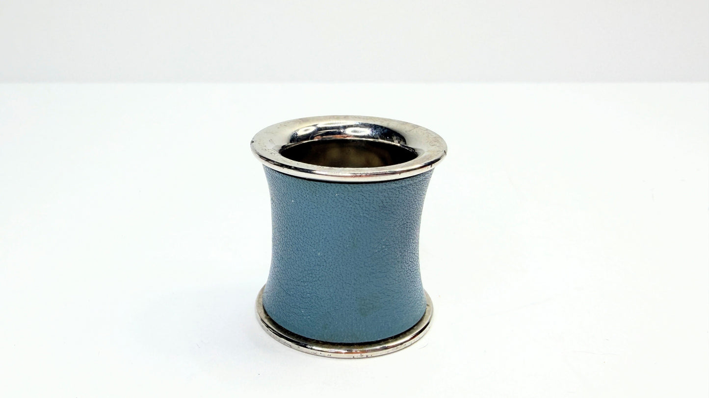 Vintage Hermès Blue Leather Silver Tone Cylindrical Scarf Ring GS747