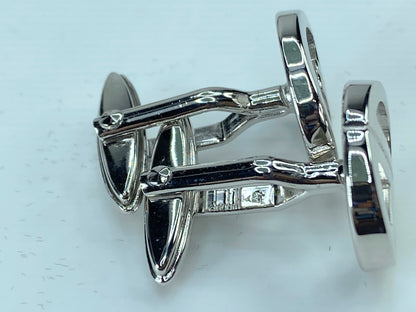 DUNHILL silver tone Logo D cufflinks set in black velvet box GS346