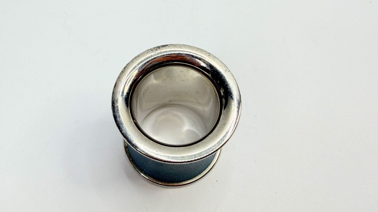 Vintage Hermès Blue Leather Silver Tone Cylindrical Scarf Ring GS747