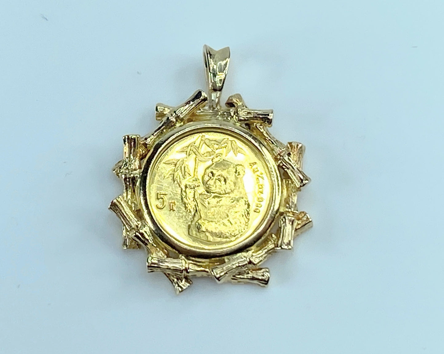 c1995 $5.00 1/20 oz Panda Gold coin 14K bamboo bezel pendant