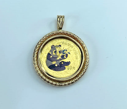 c2000 $10 1/10 oz enamel Panda Coin 14K plaid texture bezel pendant