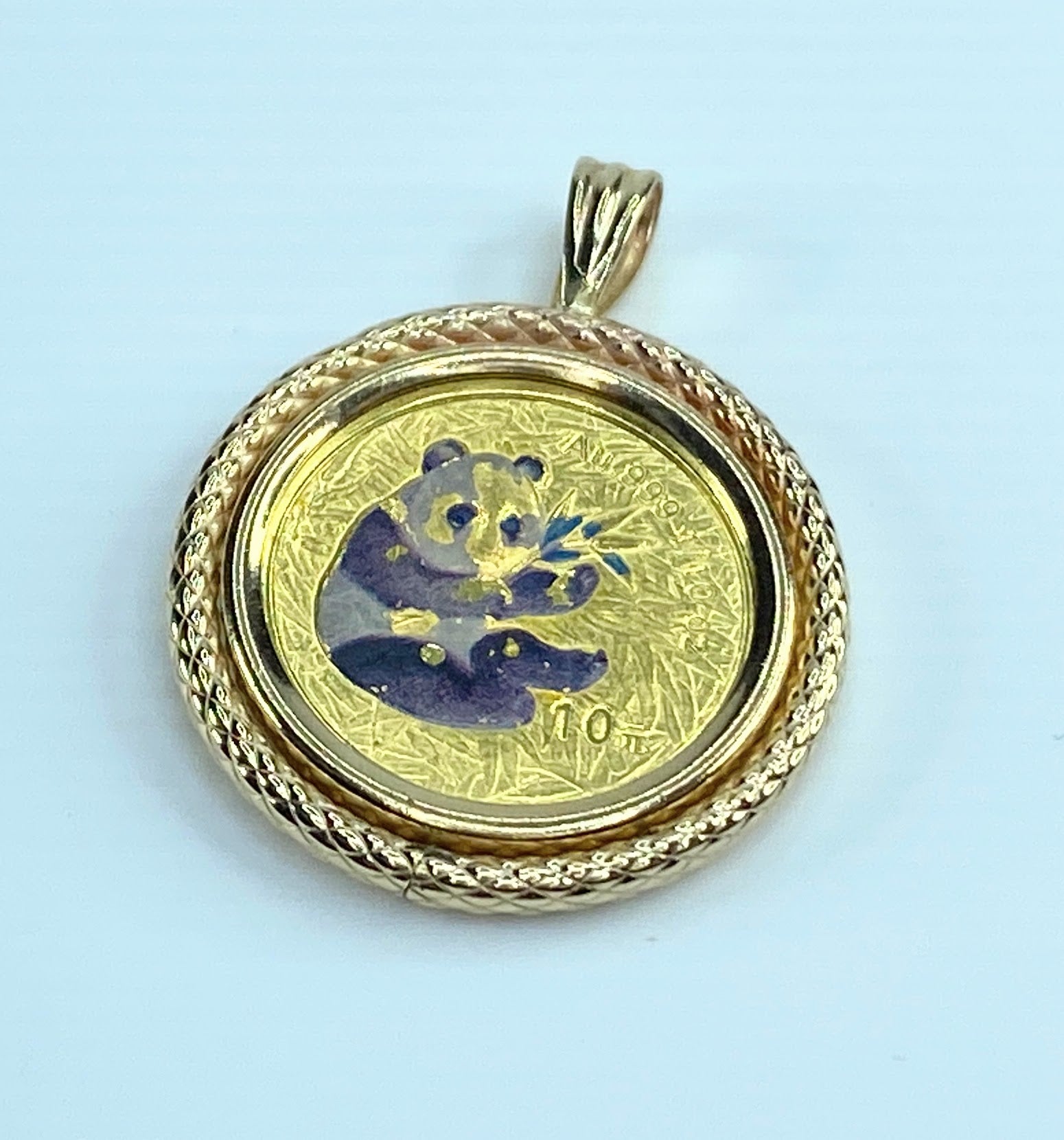 c2000 $10 1/10 oz enamel Panda Coin 14K plaid texture bezel pendant