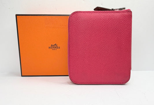 Vintage Hermès Epsom Leather Framboise Pink Silk In Wallet Z Stamp in box GS749