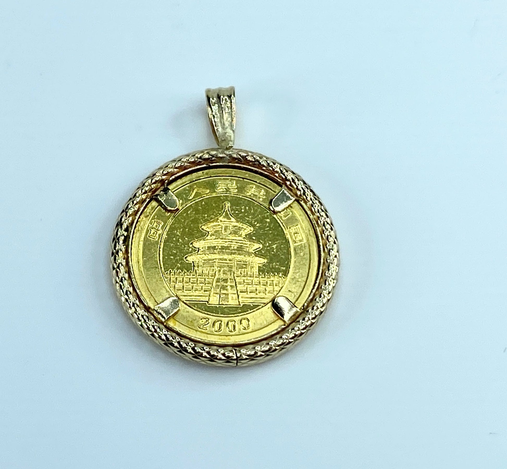 c2000 $10 1/10 oz enamel Panda Coin 14K plaid texture bezel pendant