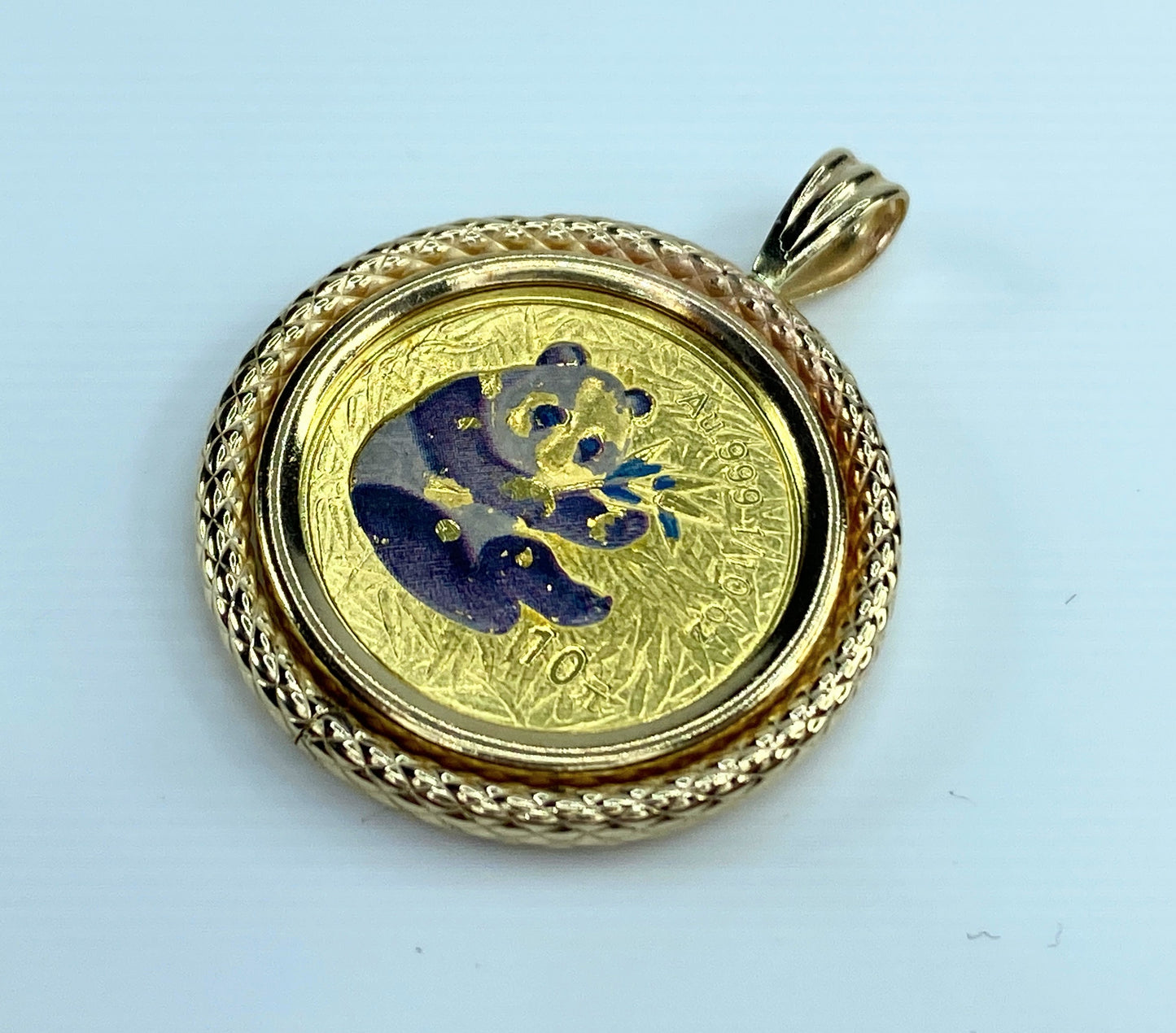 c2000 $10 1/10 oz enamel Panda Coin 14K plaid texture bezel pendant