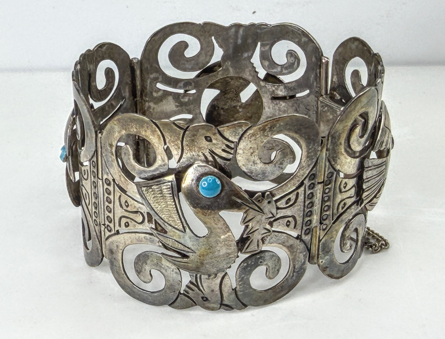 Vintage Mexico 925 Sterling Silver Turquoise Bird Panel Bracelet 63.9g JR2015