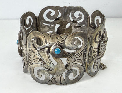Vintage Mexico 925 Sterling Silver Turquoise Bird Panel Bracelet 63.9g JR2015