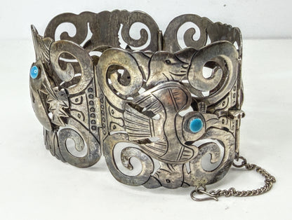 Vintage Mexico 925 Sterling Silver Turquoise Bird Panel Bracelet 63.9g JR2015