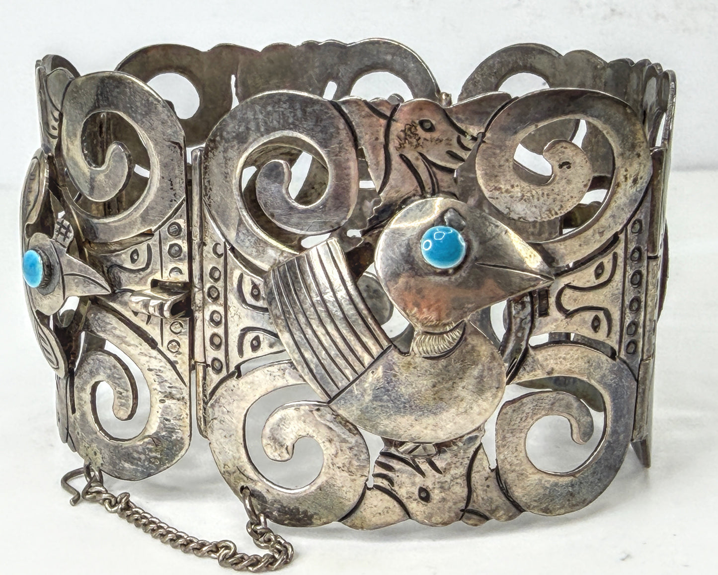 Vintage Mexico 925 Sterling Silver Turquoise Bird Panel Bracelet 63.9g JR2015