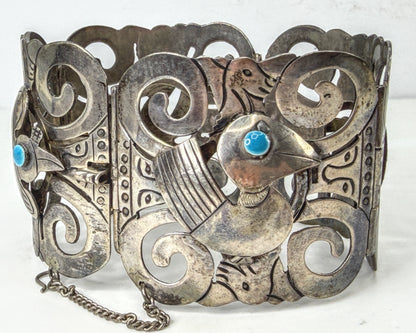 Vintage Mexico 925 Sterling Silver Turquoise Bird Panel Bracelet 63.9g JR2015