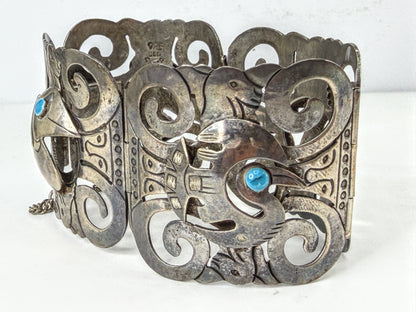 Vintage Mexico 925 Sterling Silver Turquoise Bird Panel Bracelet 63.9g JR2015