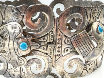 Vintage Mexico 925 Sterling Silver Turquoise Bird Panel Bracelet 63.9g JR2015