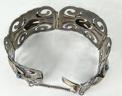 Vintage Mexico 925 Sterling Silver Turquoise Bird Panel Bracelet 63.9g JR2015