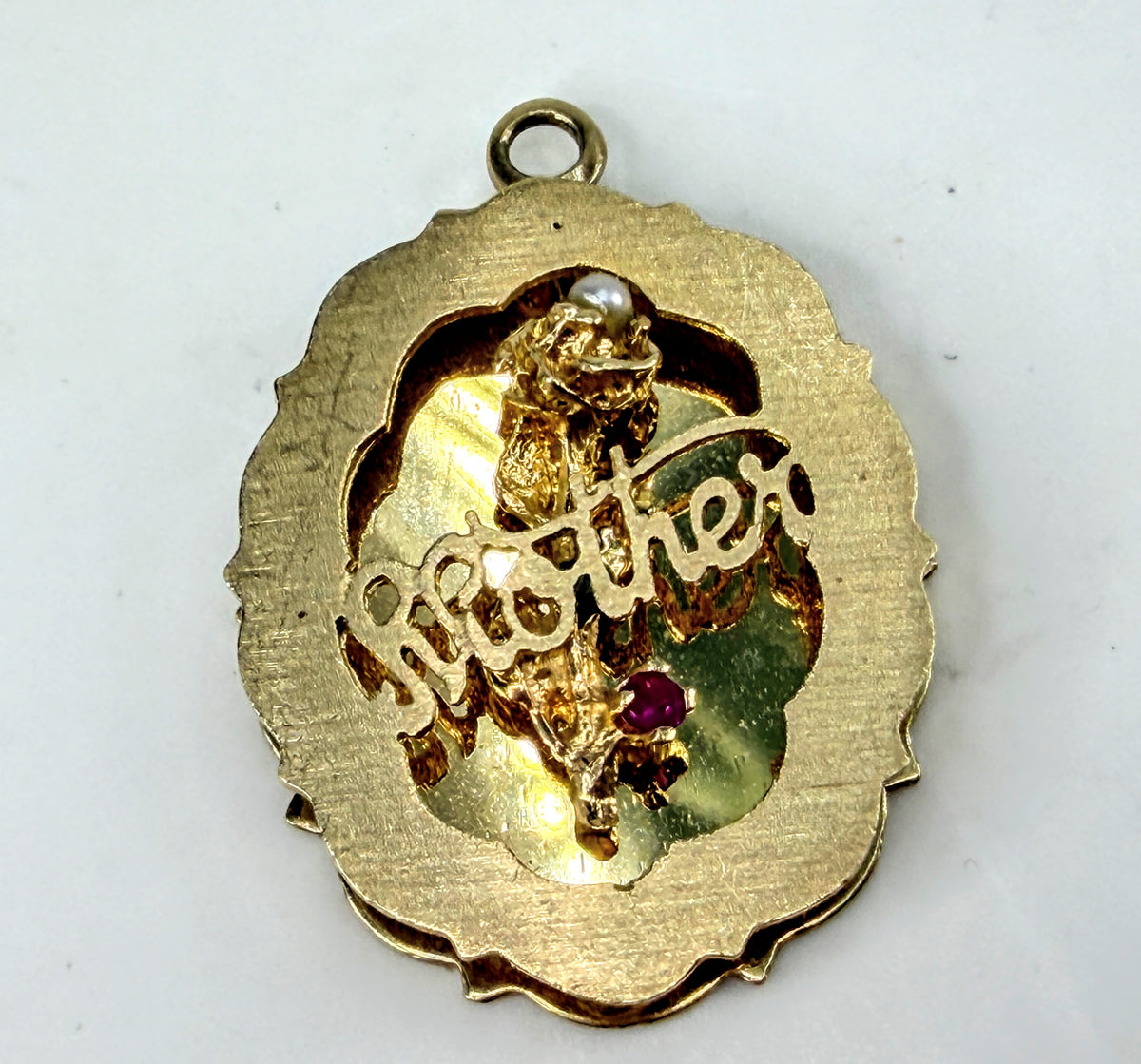 Vintage 14K Gold Mother Rose Pearl Ruby Pendant Charm 33mm 5.9g JR2020
