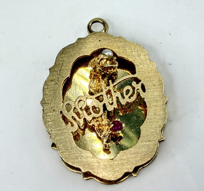 Vintage 14K Gold Mother Rose Pearl Ruby Pendant Charm 33mm 5.9g JR2020