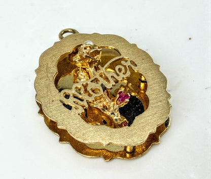 Vintage 14K Gold Mother Rose Pearl Ruby Pendant Charm 33mm 5.9g JR2020