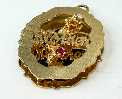 Vintage 14K Gold Mother Rose Pearl Ruby Pendant Charm 33mm 5.9g JR2020