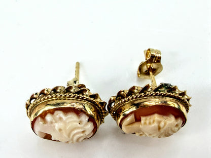 Vintage 14K Gold Carved Shell Cameo Earrings Ornate Frames JR2021
