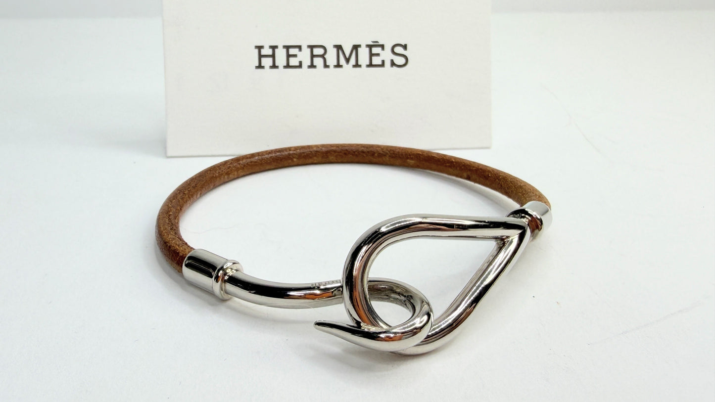 Vintage Hermès Jumbo Brown Leather Bracelet Silver Hook 7.5" GS755