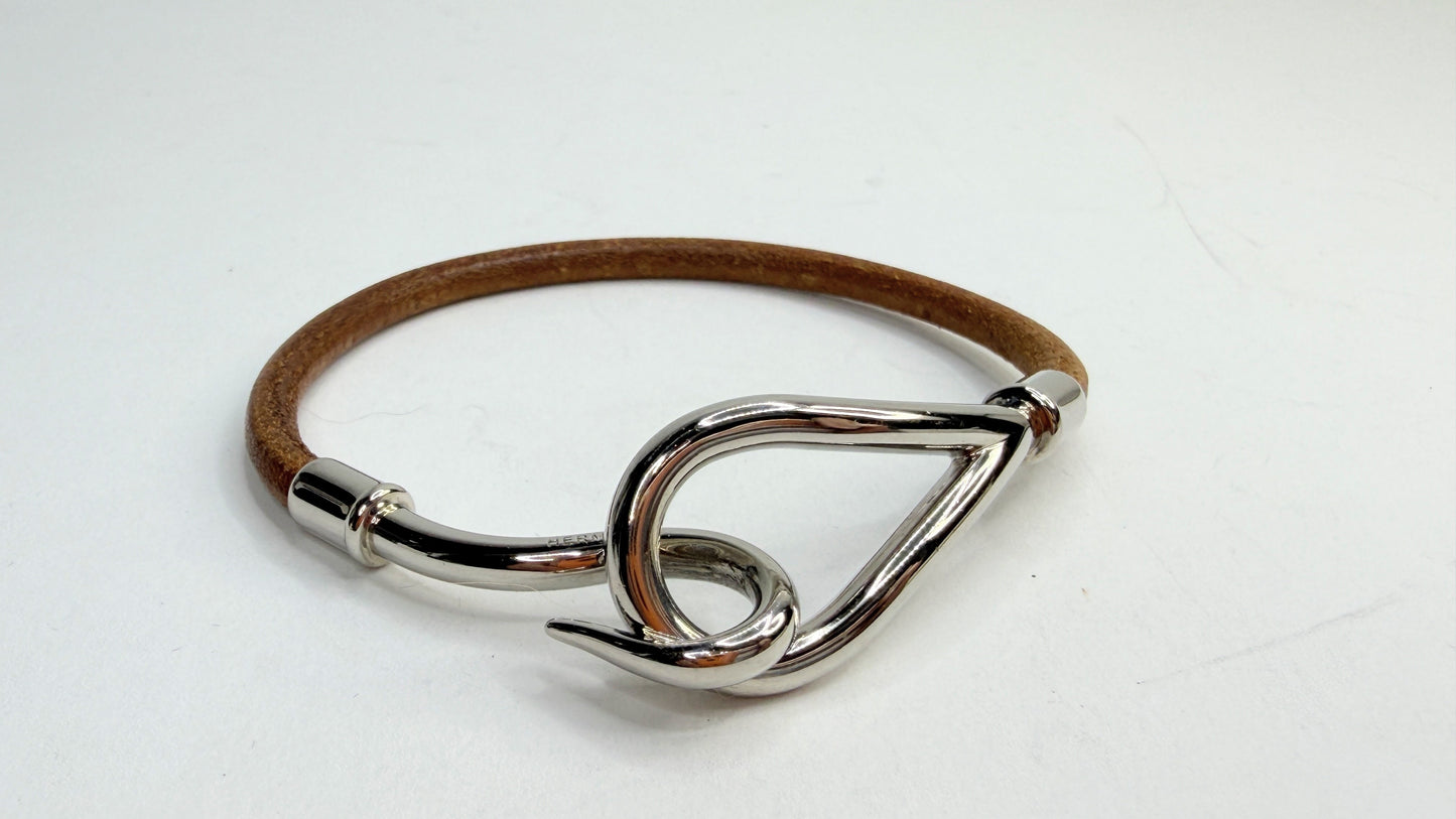 Vintage Hermès Jumbo Brown Leather Bracelet Silver Hook 7.5" GS755