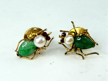 Vintage Jadeite Pearl Red Gemstone Insect Bee Brooch 18x11mm - One Piece JR2022
