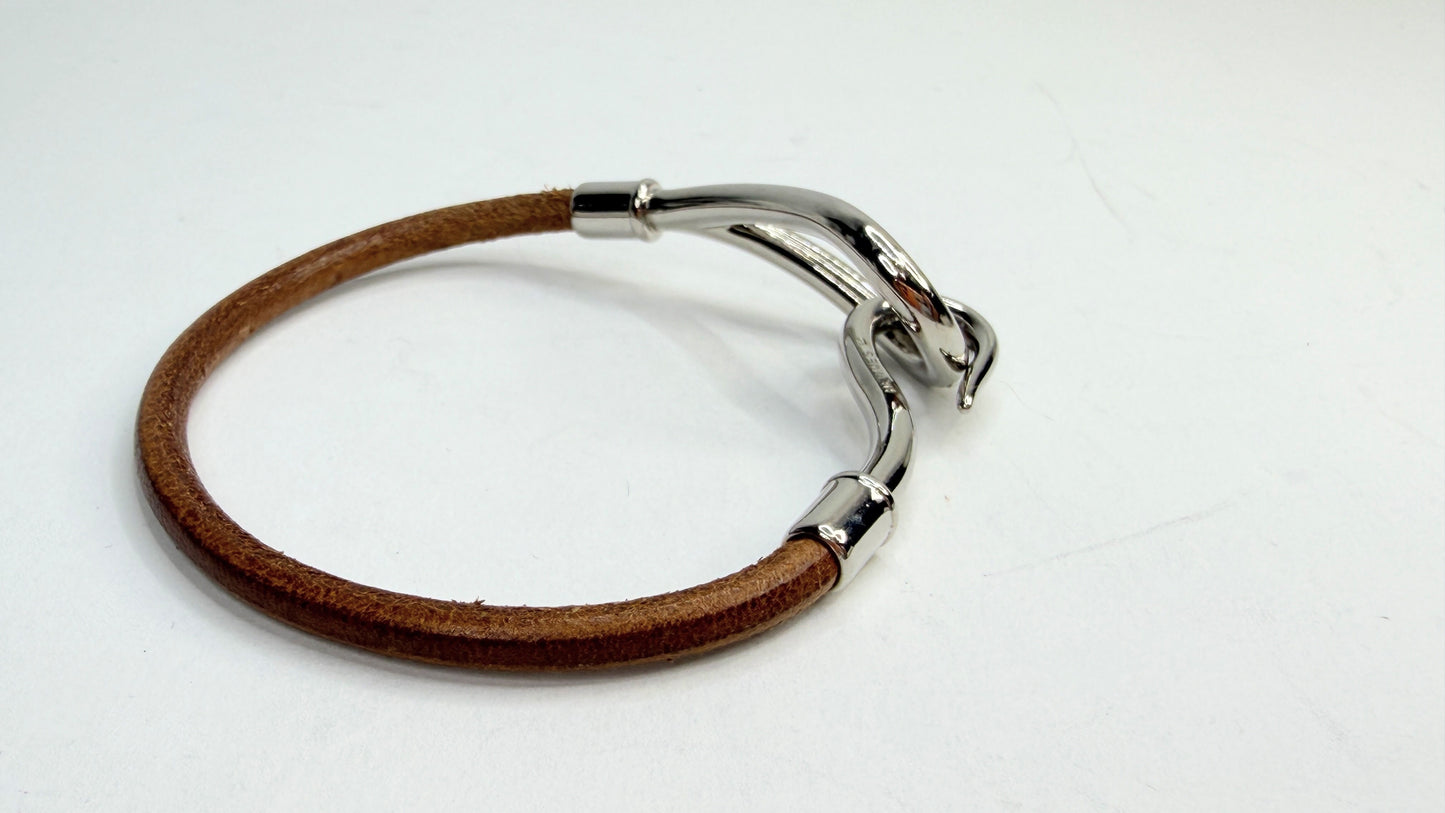 Vintage Hermès Jumbo Brown Leather Bracelet Silver Hook 7.5" GS755