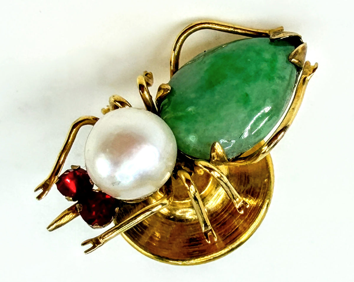 Vintage Jadeite Pearl Red Gemstone Insect Bee Brooch 18x11mm - One Piece JR2022