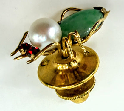 Vintage Jadeite Pearl Red Gemstone Insect Bee Brooch 18x11mm - One Piece JR2022